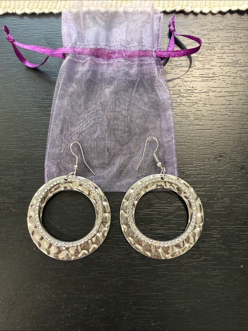 Silver Textured Hoop Drop Earrings